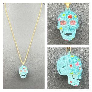 Rhinestone Skull Pendant Necklace Gold Chain Blue